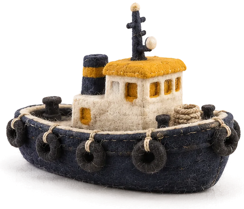 A small tugboat, made of felted wool